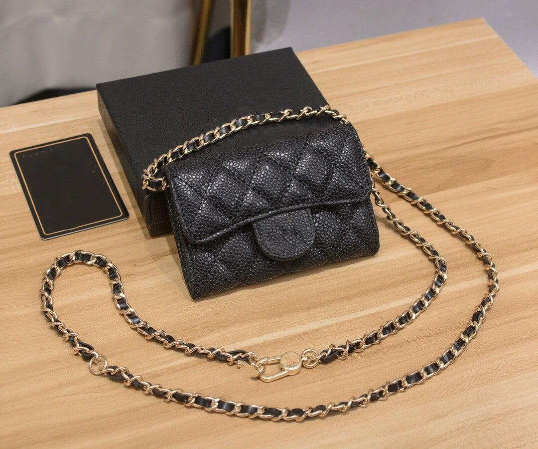 Genuine Leather Chain Rhombus Caviar Sheepskin Card Holder