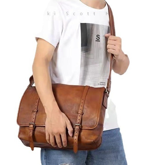 Men's Retro Cowhide Commuter Portable Green Motorcycle Men's Messenger Bags