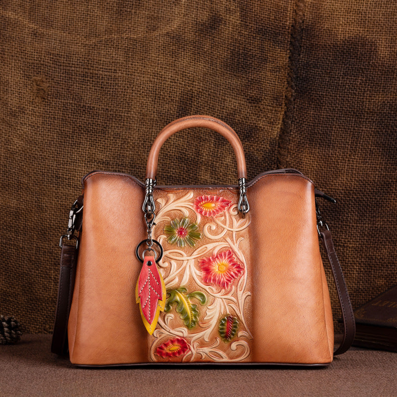 Women's Tanned Leather Cowhide Vintage Embossing Brush-off Men's Handbags