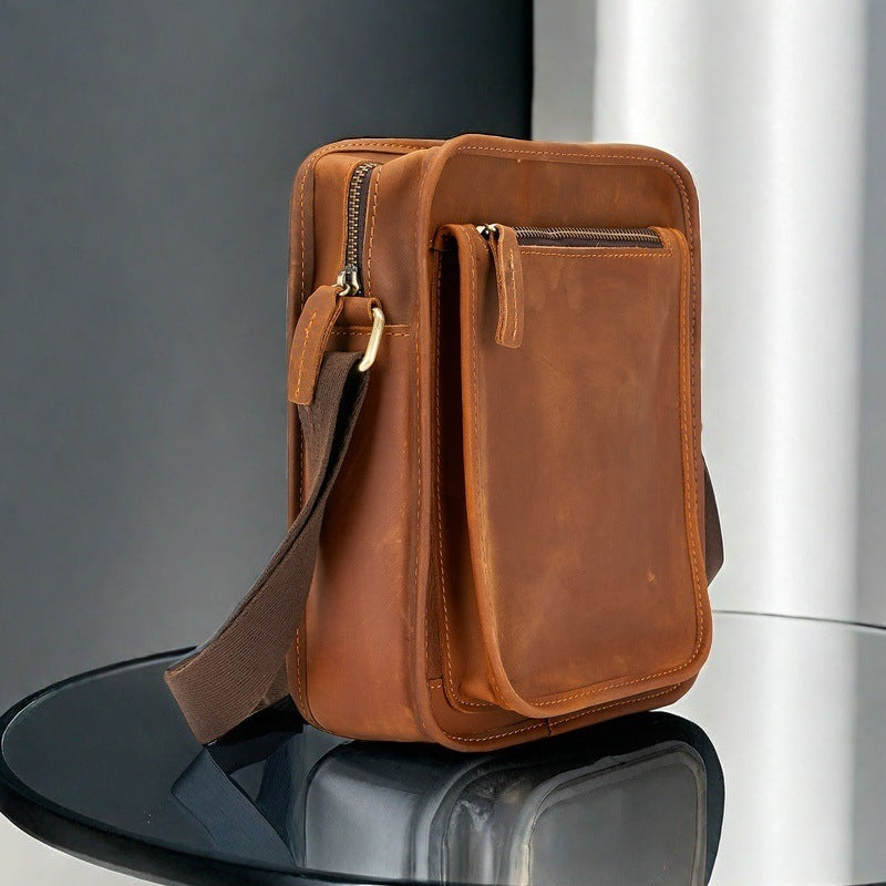 Men's Vertical Design Personalized Genuine Leather Handmade Crazy Horse Shoulder Bags