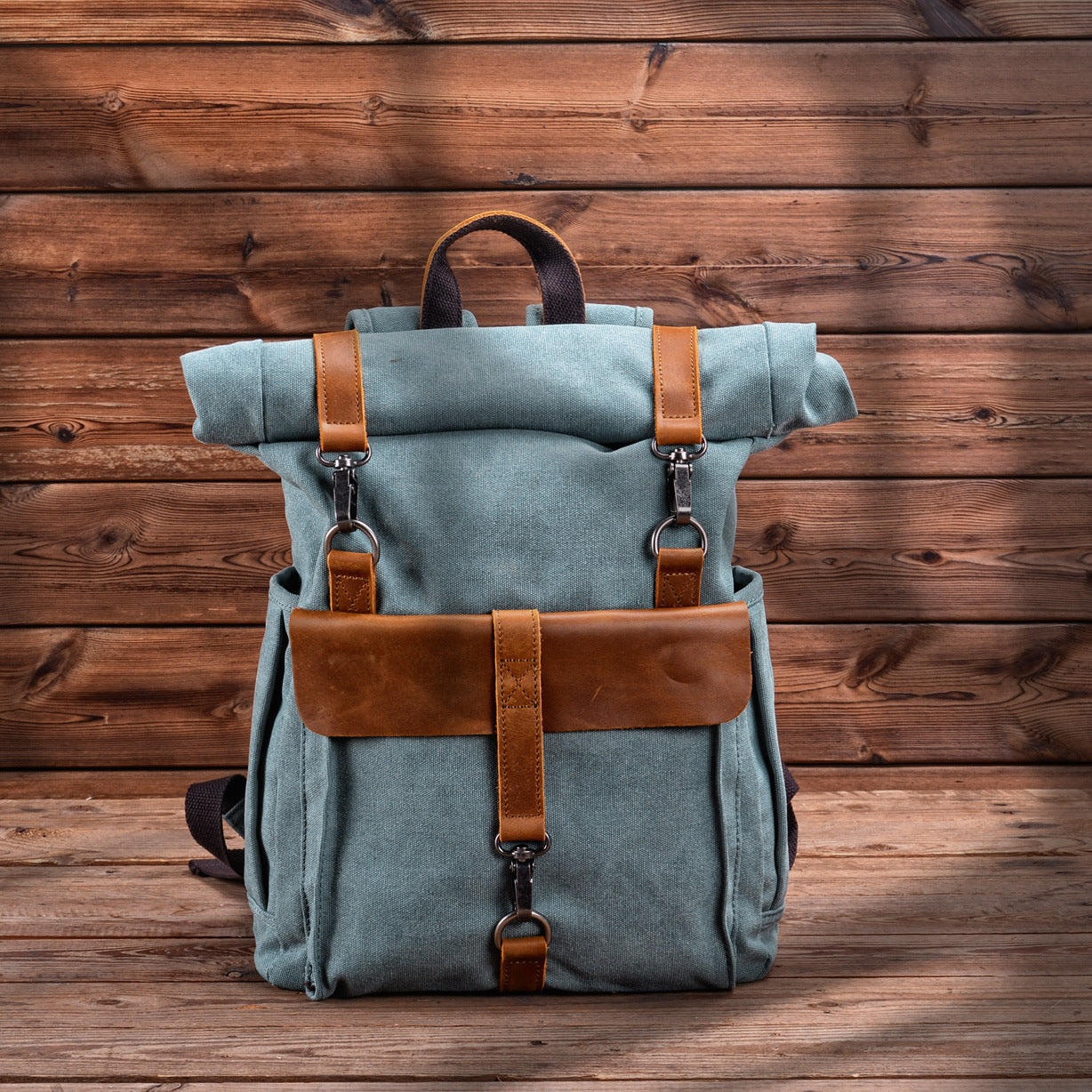 Men's Retro Canvas College Style With First Layer Cowhide Roll Backpacks