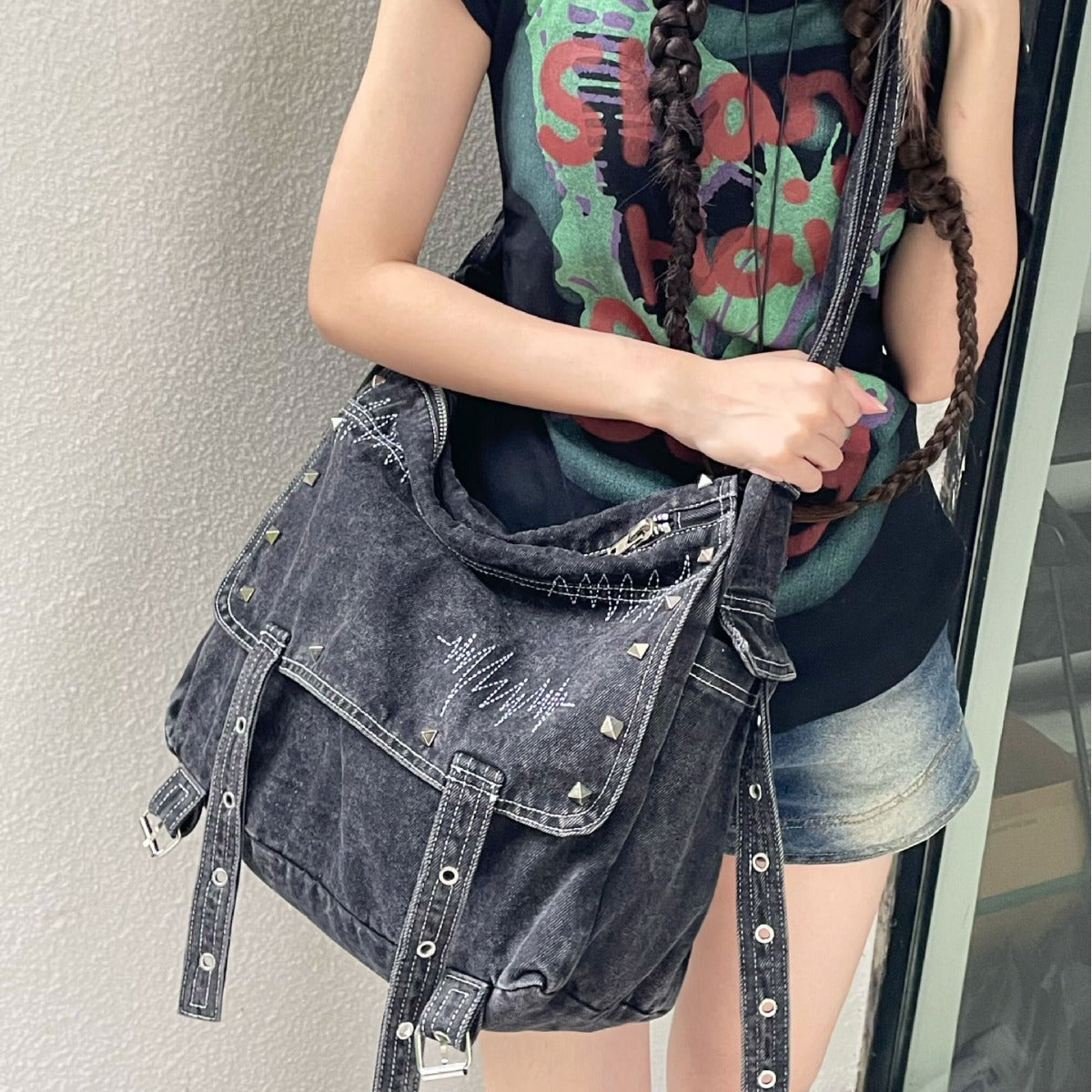 Retro Street Denim Canvas Large Capacity Shoulder Bags