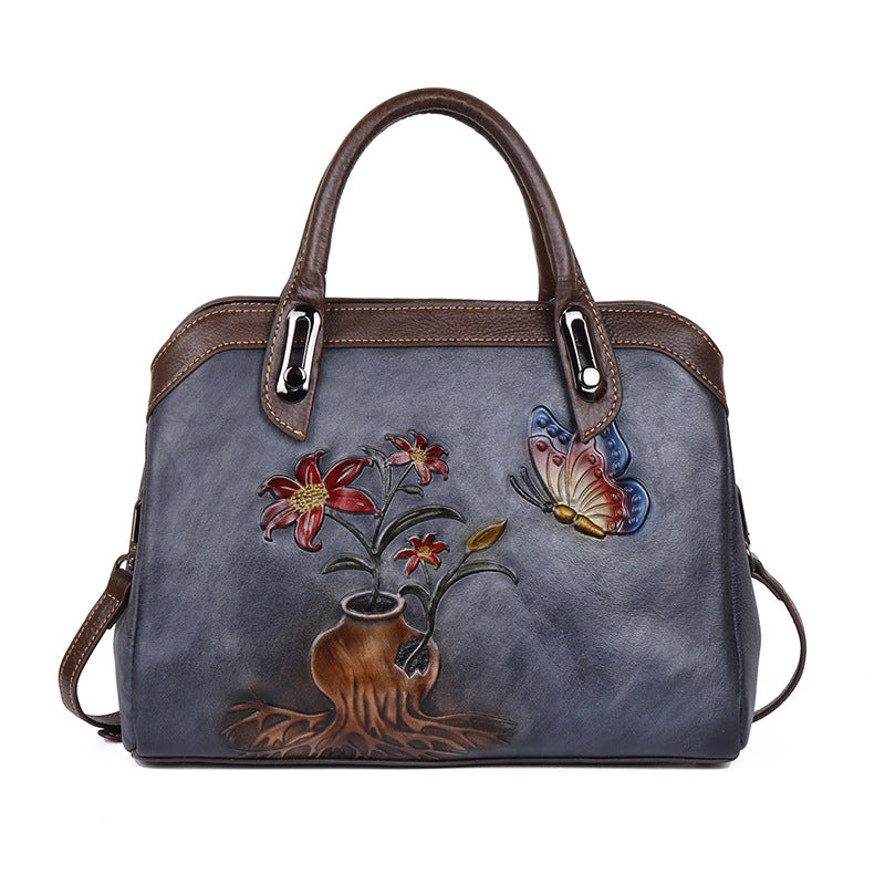 Women's Layer Cowhide Leather Chinese Style Vintage Floral Shoulder Bags