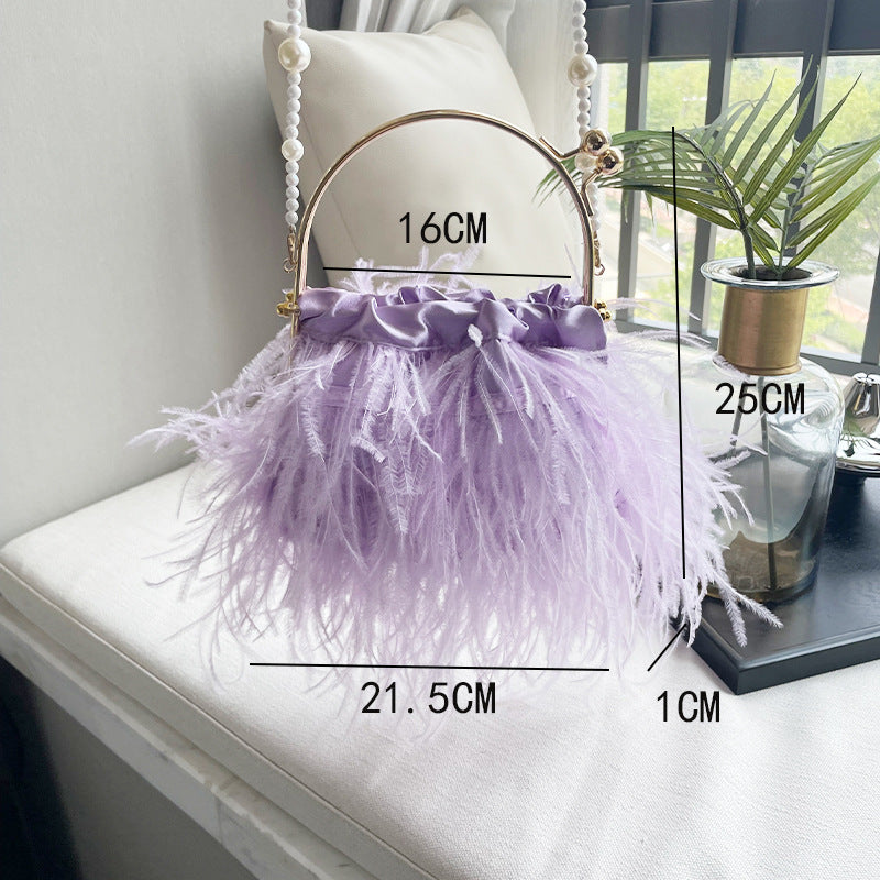 Women's Ostrich Feather Fairy Portable Pearl Chain Bags