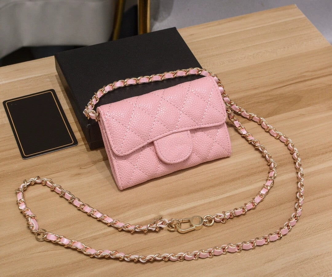 Genuine Leather Chain Rhombus Caviar Sheepskin Card Holder
