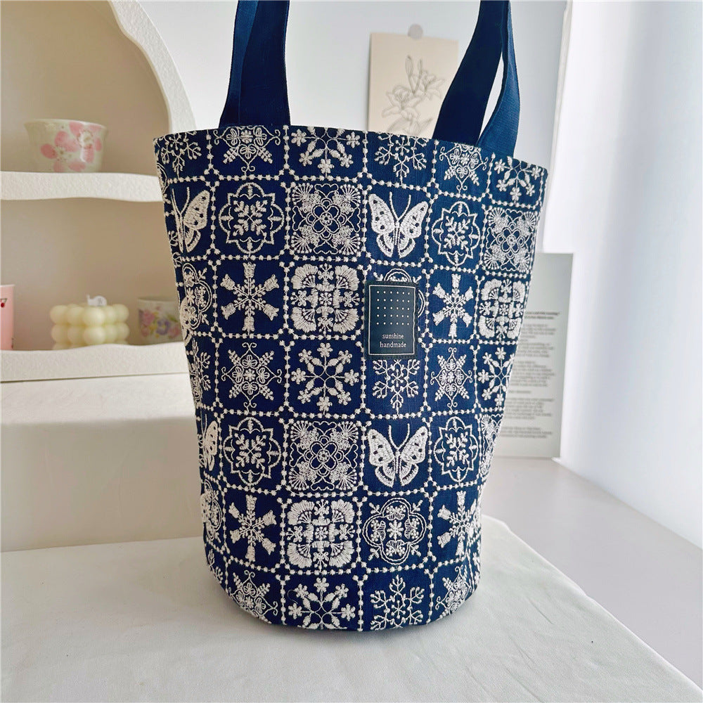 Women's Cotton Linen Embroidery Fabric Round Barrel Bucket Bags