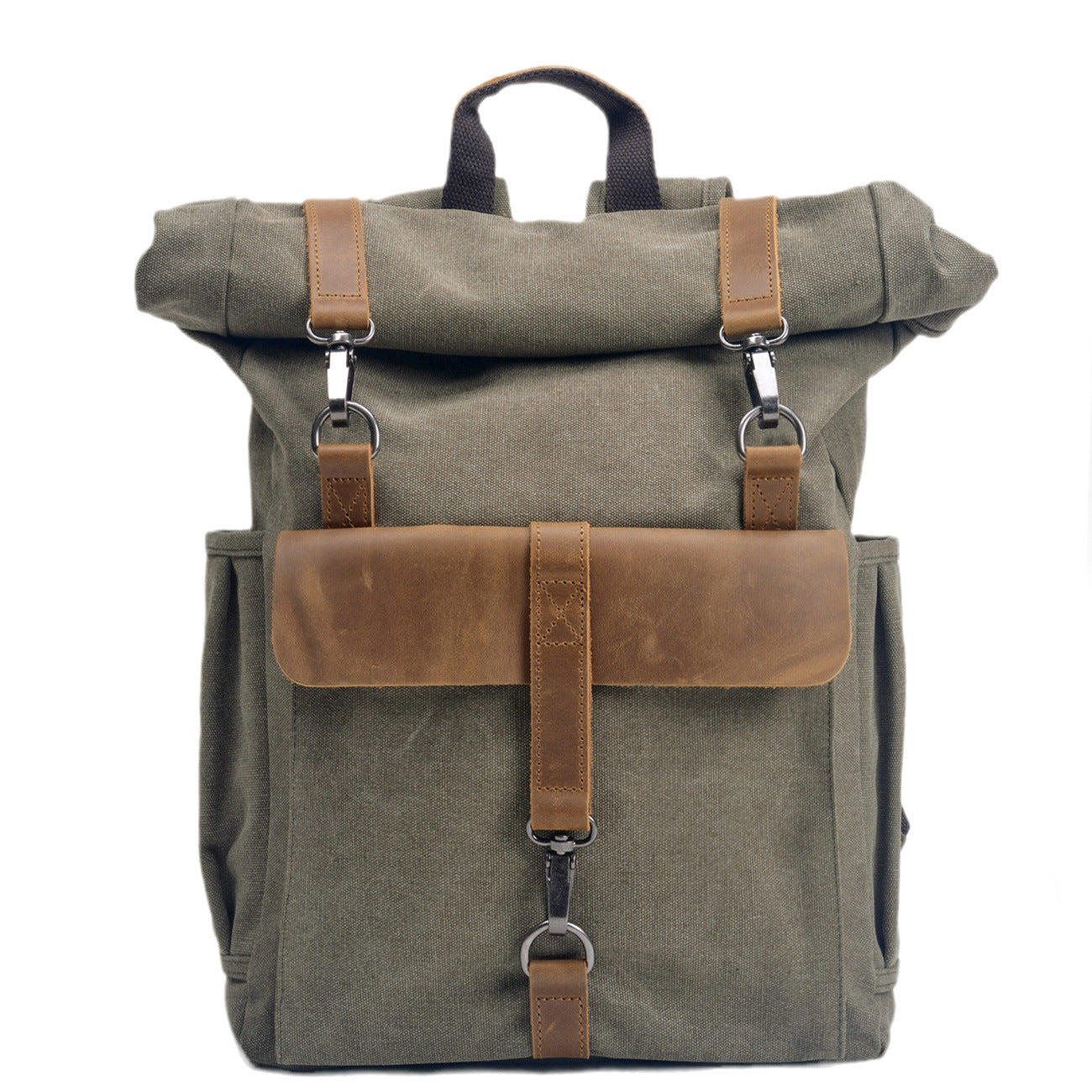 Men's Retro Canvas College Style With First Layer Cowhide Roll Backpacks