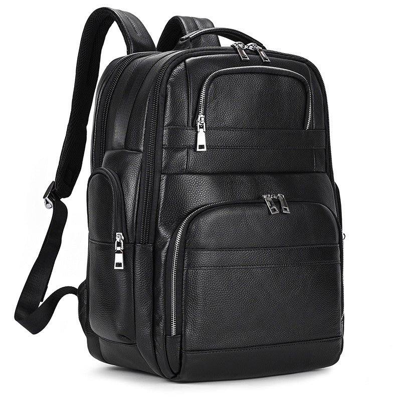 Men's Capacity Leather Black Cowhide Shiralee Leisure Backpacks