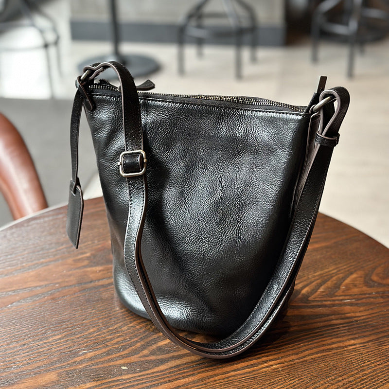 Women's Leather For First Layer Cowhide Retro Bucket Bags