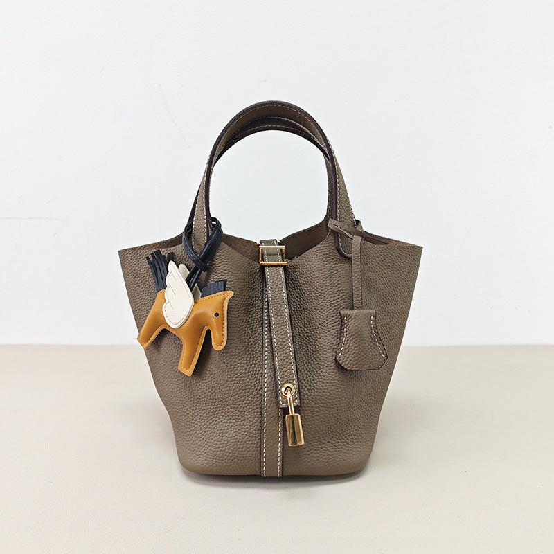 Women's Vegetable Basket Genuine Leather Litchi Pattern First Layer Handbags