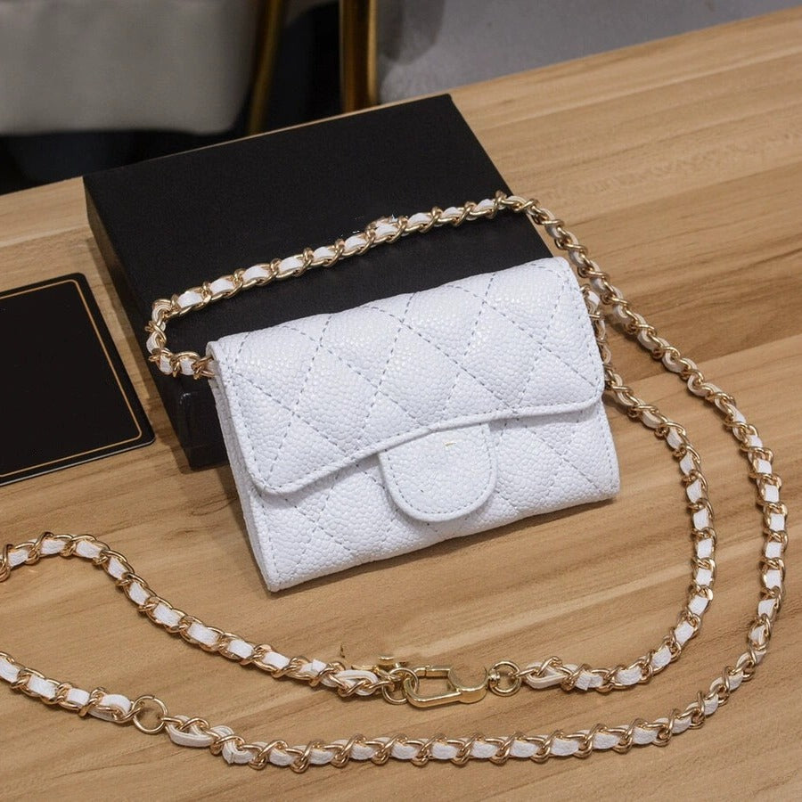 Genuine Leather Chain Rhombus Caviar Sheepskin Card Holder