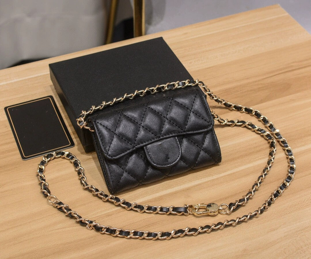 Genuine Leather Chain Rhombus Caviar Sheepskin Card Holder