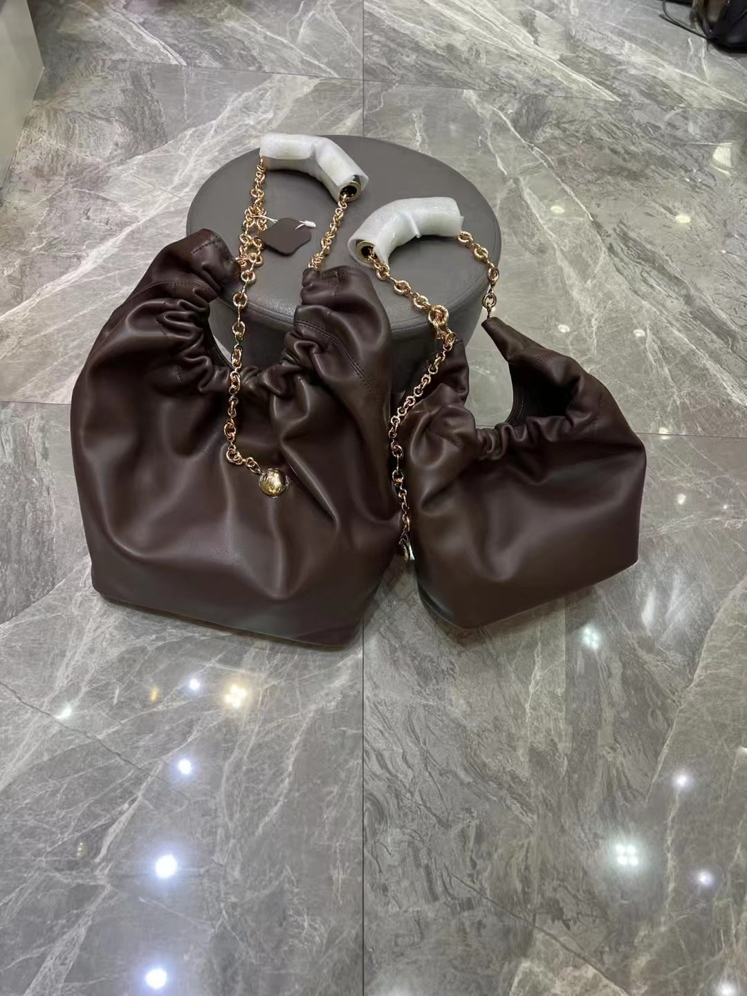 Pleated Soft Cowhide Underarm Chain Genuine Bucket Bags
