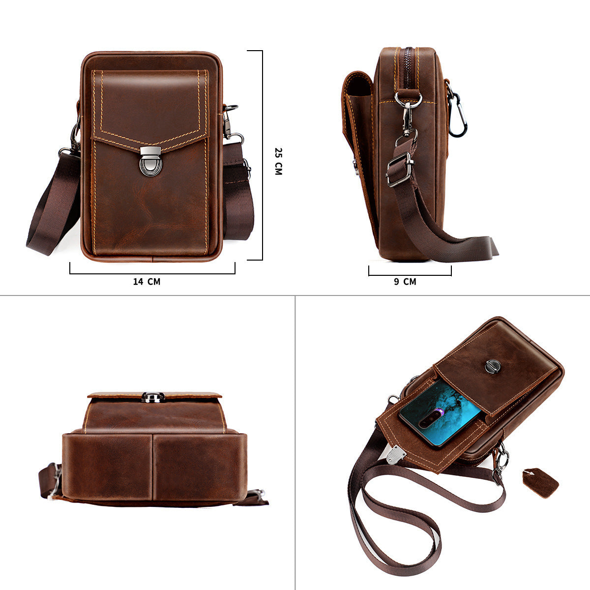 Men's Retro Cowhide Crazy Horse Leather Mobile Men's Messenger Bags
