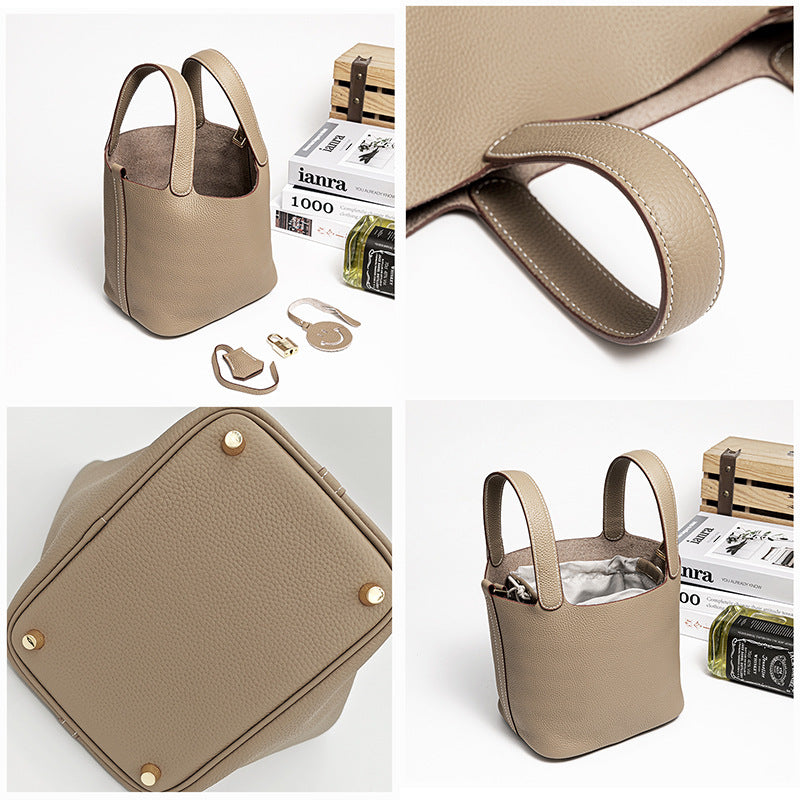 Women's Vegetable Basket Genuine Leather Litchi Pattern First Layer Handbags