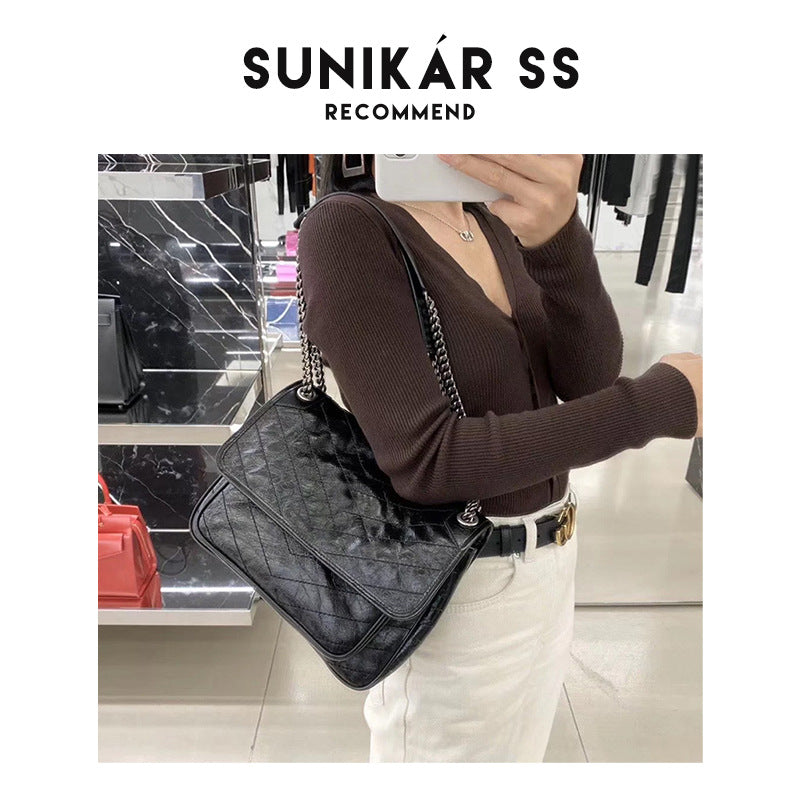 Women's Oil Wax Cowhide Retro Double Chain Shoulder Bags