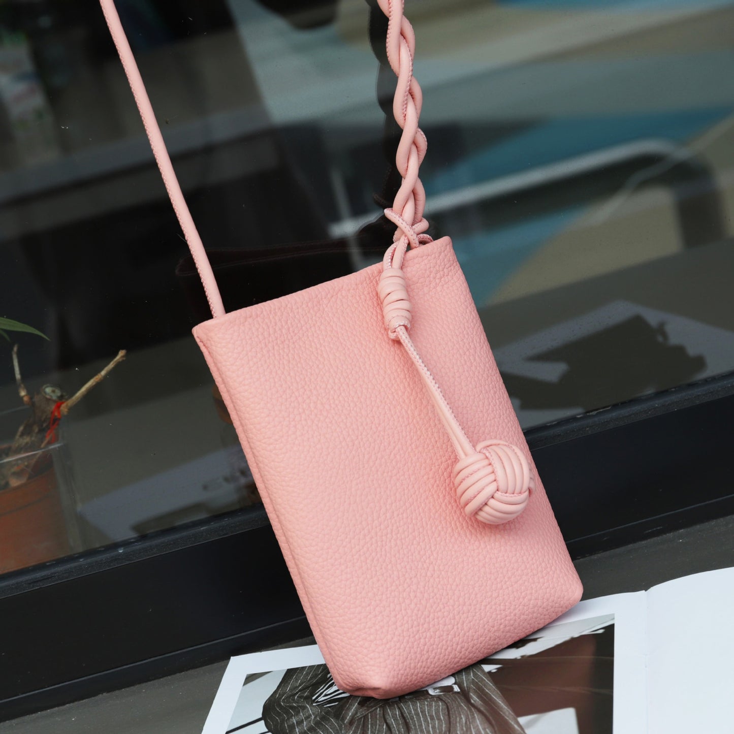 Women's Woven Ball Vertical Soft Cowhide Mini Phone Bags