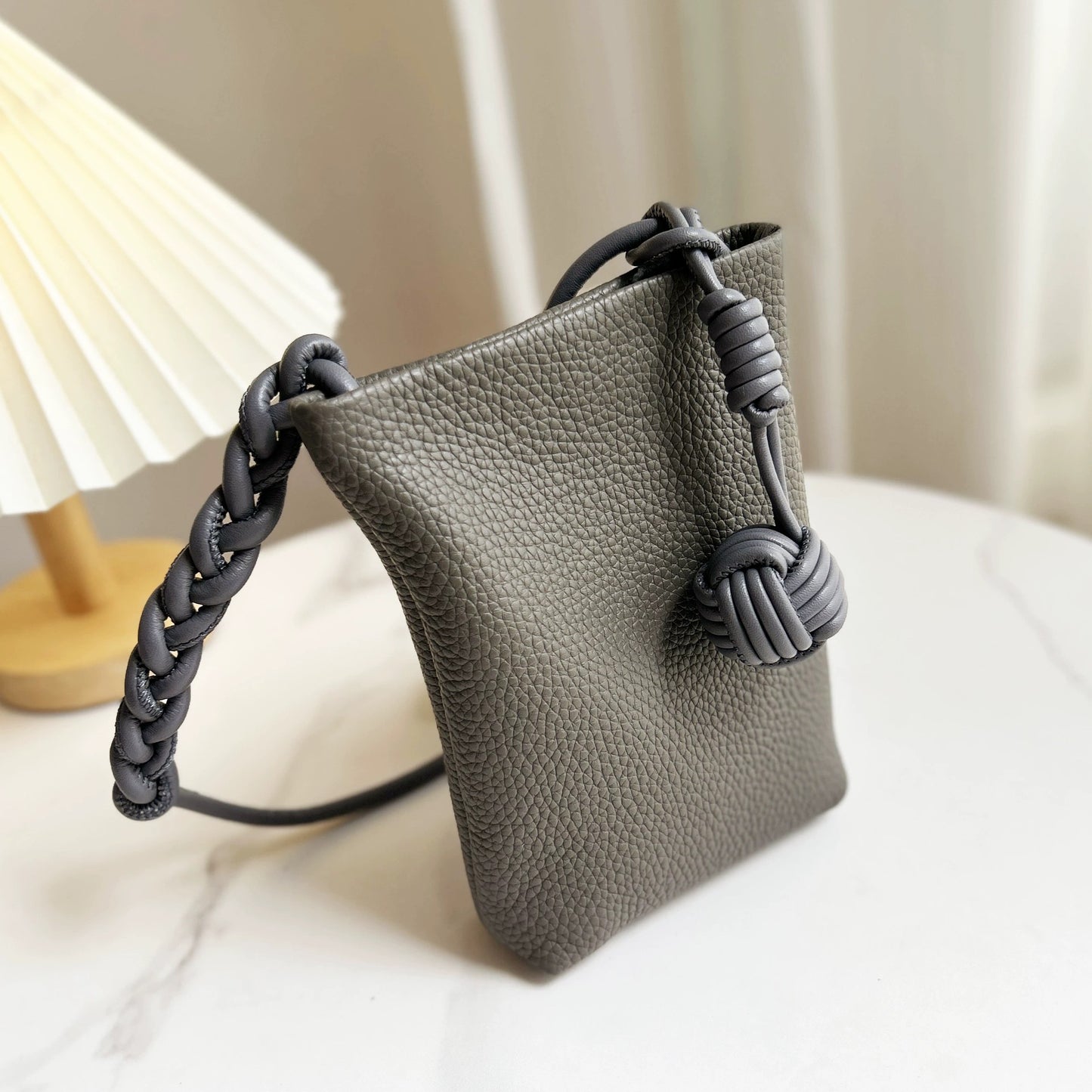 Women's Leather Woven Ball Vertical Soft Fan Phone Bags