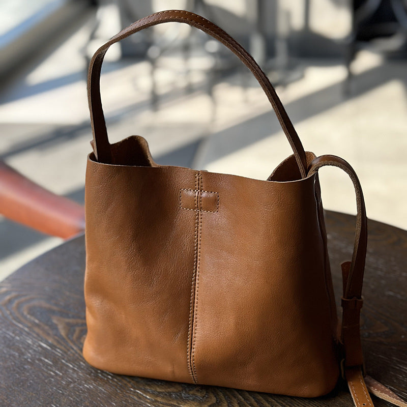 Women's Genuine Leather Simple Artistic Retro Vegetable Bucket Bags
