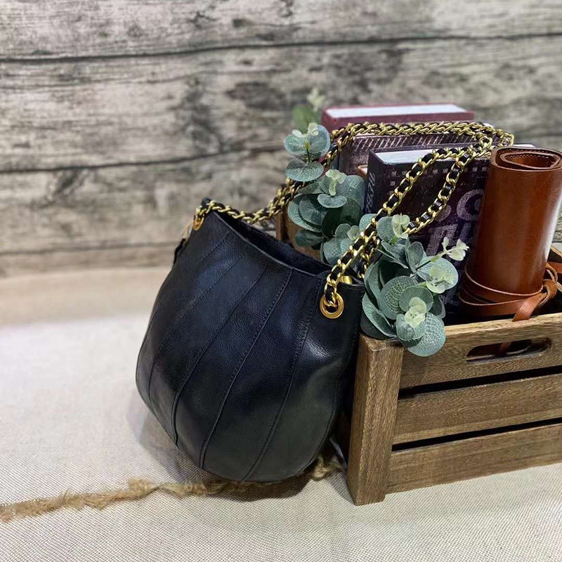 Tanned Handmade First Layer Cowhide Chain Bucket Bags