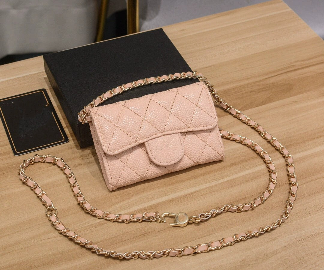 Genuine Leather Chain Rhombus Caviar Sheepskin Card Holder