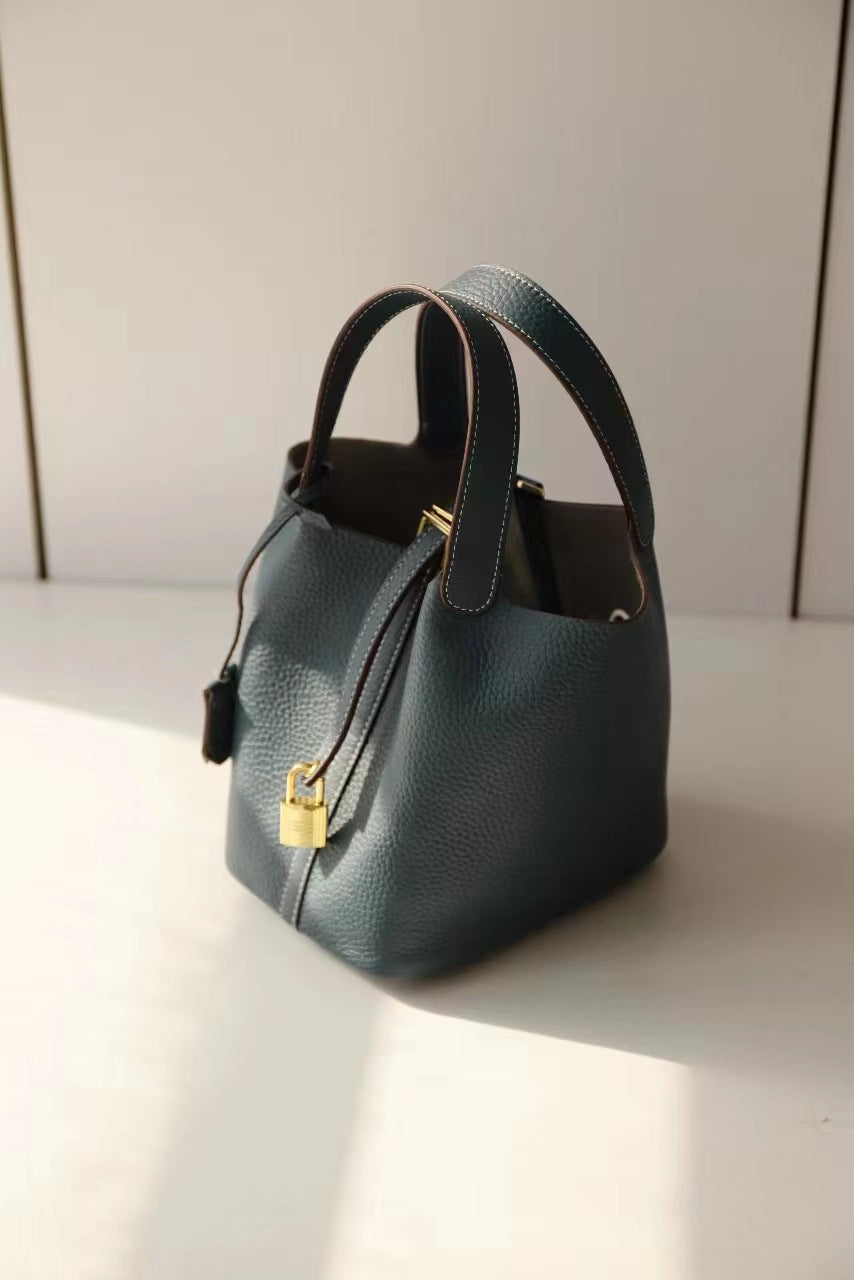 Women's Basket Lychee Pattern First Layer Cowhide Solid Bucket Bags