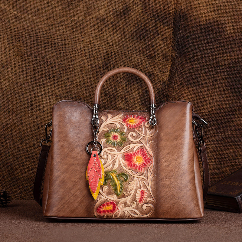 Women's Tanned Leather Cowhide Vintage Embossing Brush-off Men's Handbags