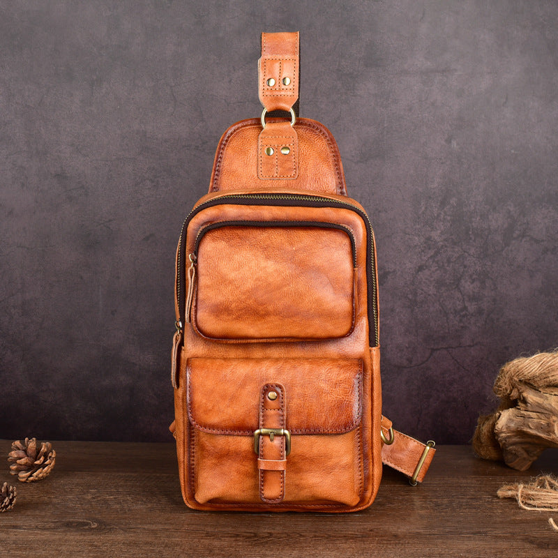 Men's Vegetable Tanned Leather Handmade Pannier Korean Bags