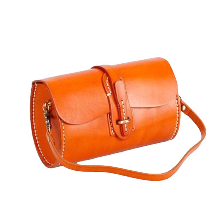 Women's Artificial Sewing Round First Layer Cowhide Simple Genuine Crossbody Bags