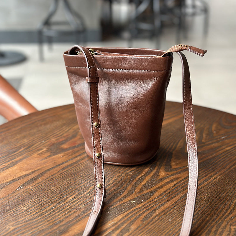 Women's Style Top Layer Cowhide Mini Retro Bucket Bags