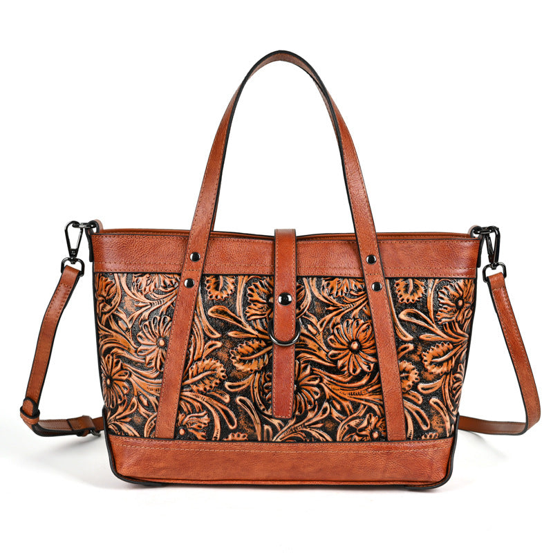 Women's Layer Cowhide Hand Carved Vintage Large Tote Bags
