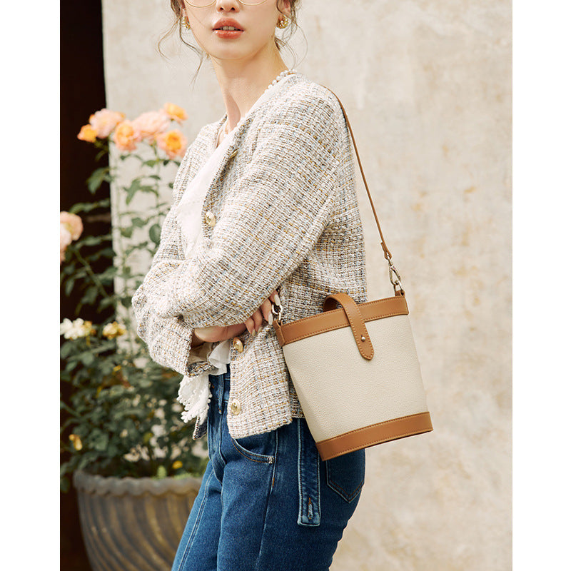 Women's Cowhide Leather Minority Fashion Contrast Color Bucket Bags