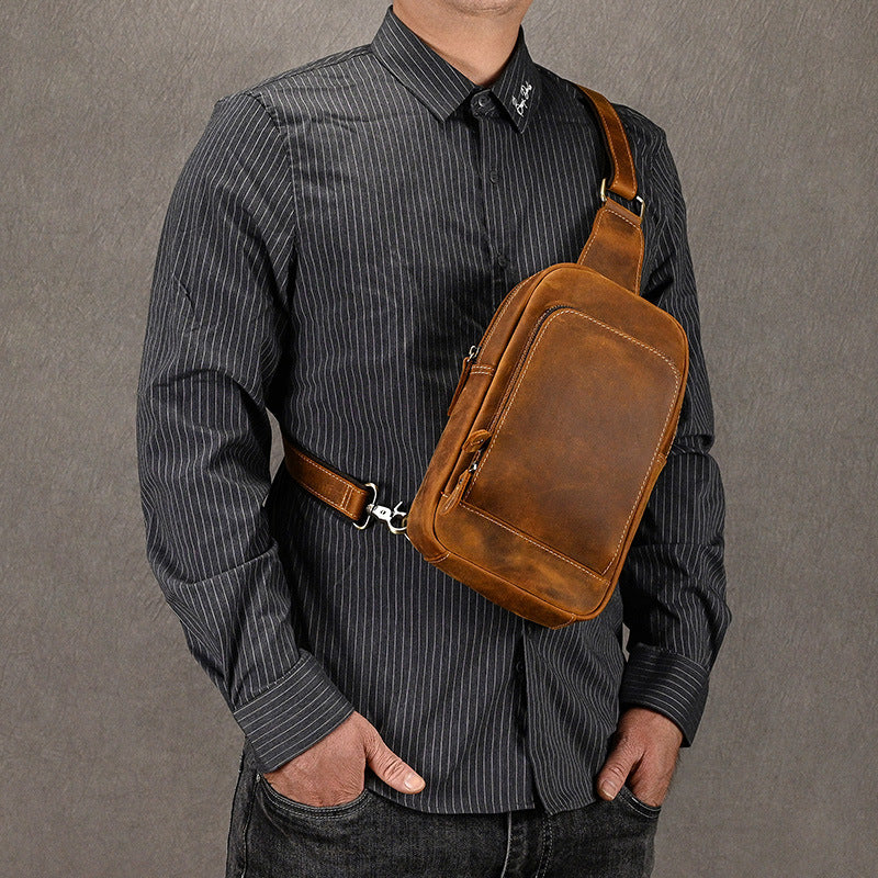 Men's Crazy Horse Leather Leisure Cowhide Simple Men's Chest Bags