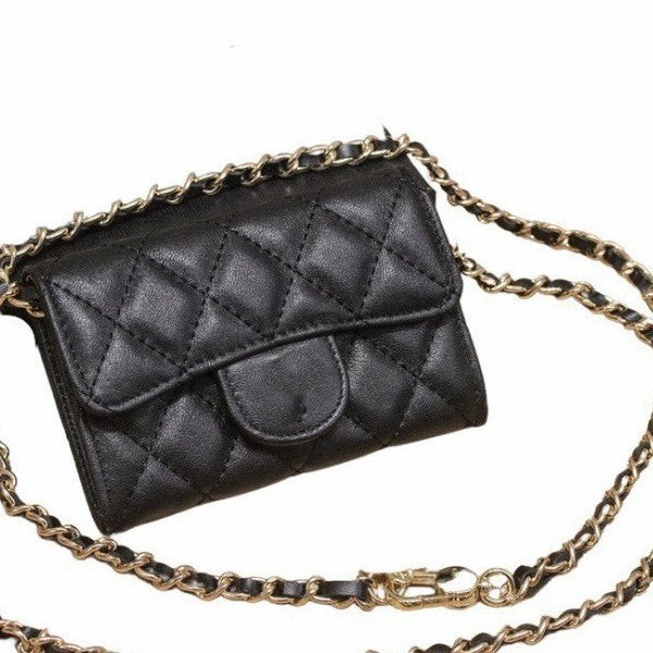Genuine Leather Chain Rhombus Caviar Sheepskin Card Holder