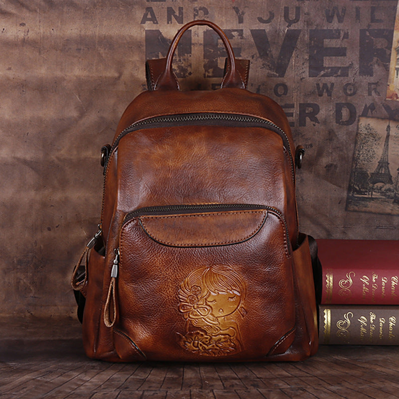 Women's First Layer Cowhide Chinese Style Retro Backpacks