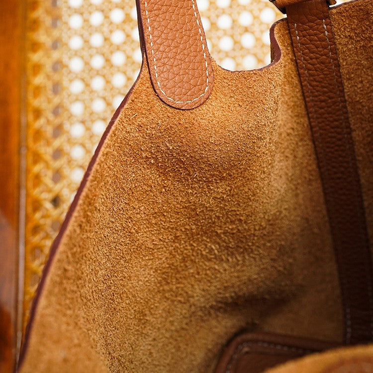 Women's Basket Layer Cowhide Leather Lychee Pattern Handbags