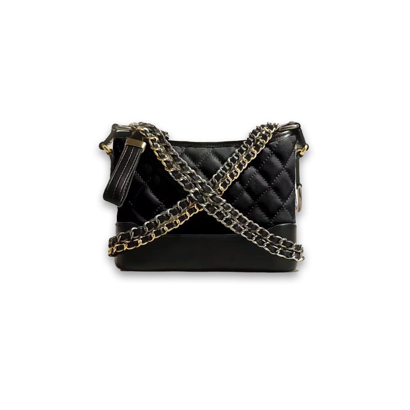 Women's Diamond Plaid Chain Genuine Leather Black Bags