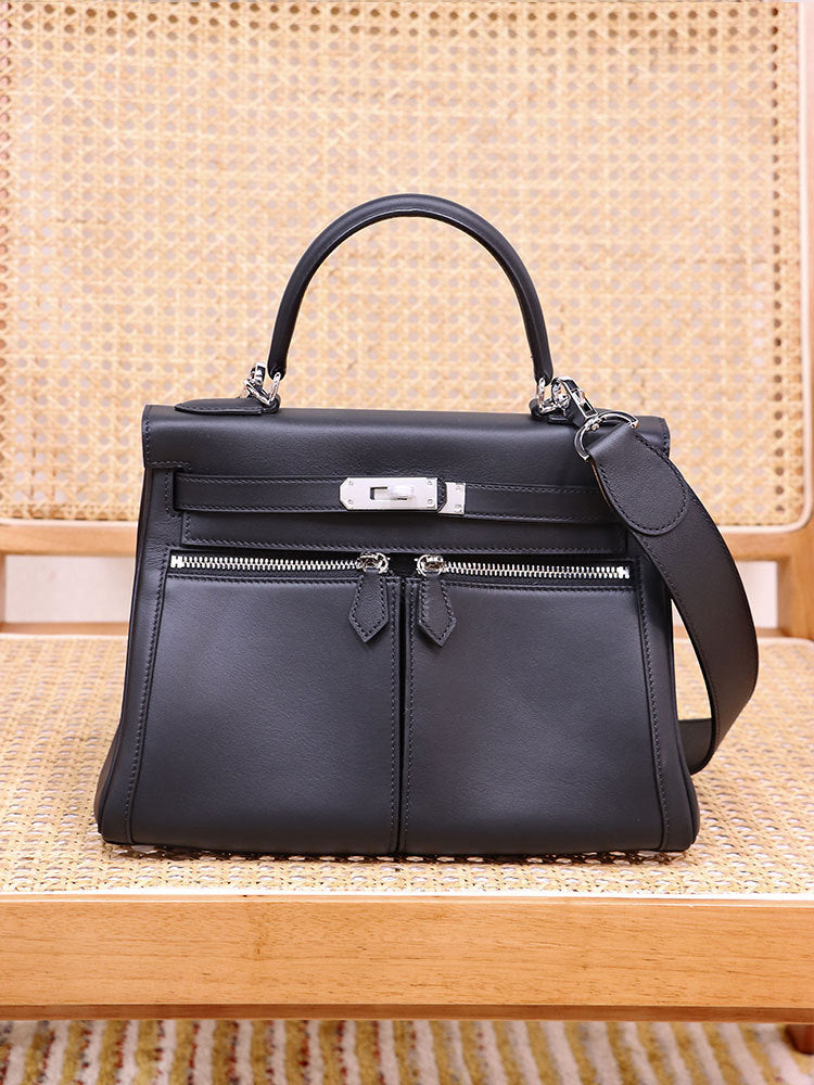 Women's Wide Strap Leather Kelly Double Pocket Crossbody Bags