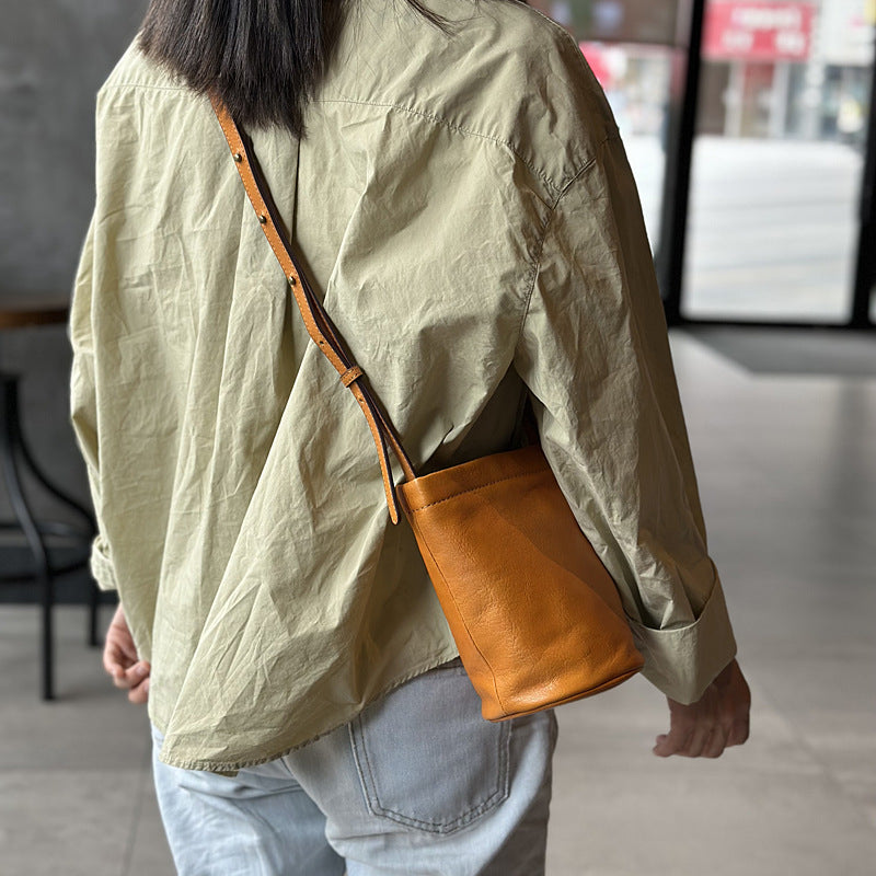 Women's Style Top Layer Cowhide Mini Retro Bucket Bags