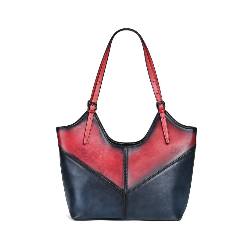 Women's Leather Contrast Color Handmade Large Capacity Shoulder Bags