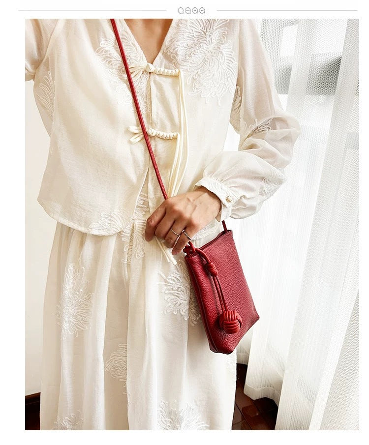 Women's Leather Woven Ball Vertical Soft Fan Phone Bags