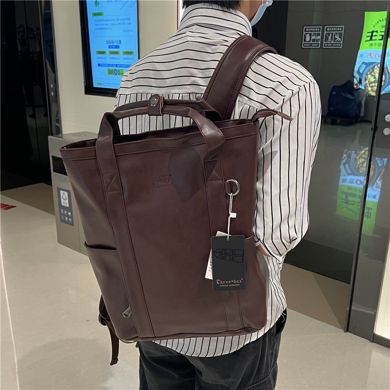 Men's Three Boxes Fashion Soft Leather Male Backpacks