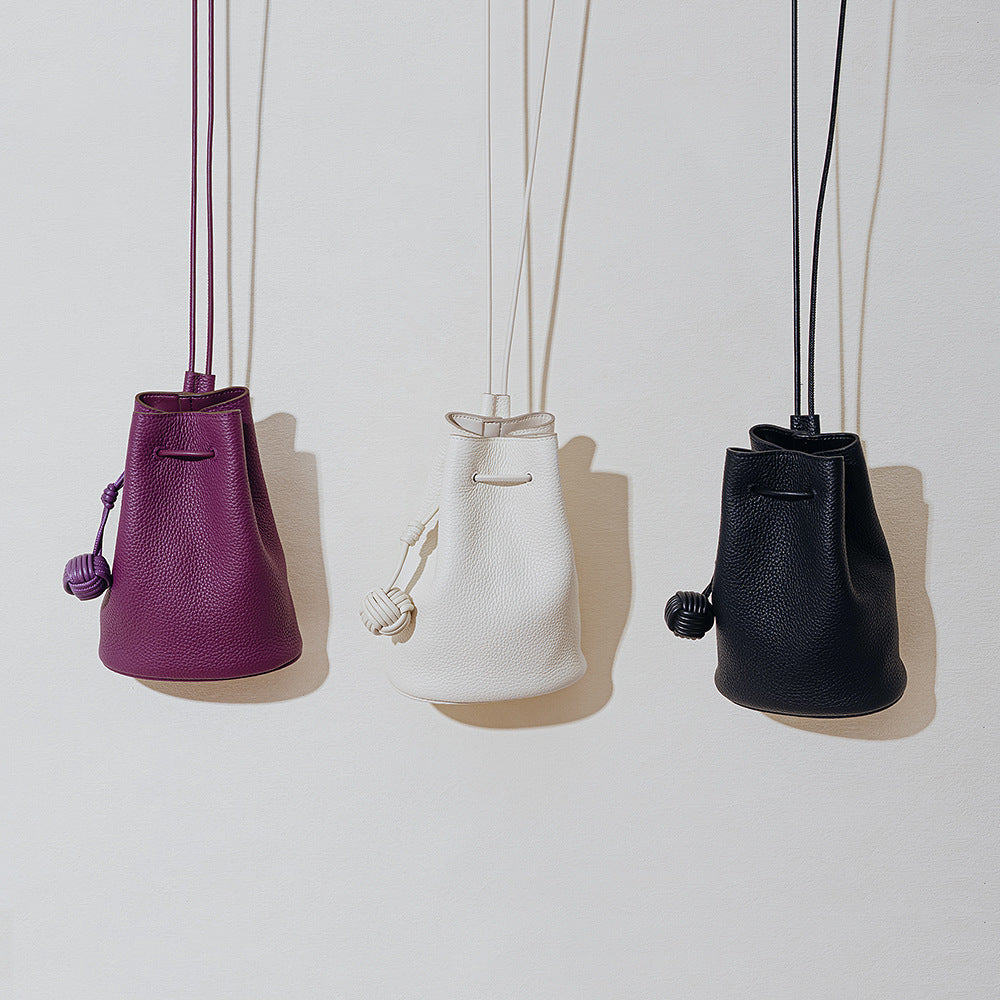 Women's Niche Drawstring Genuine Leather Simple First Bucket Bags