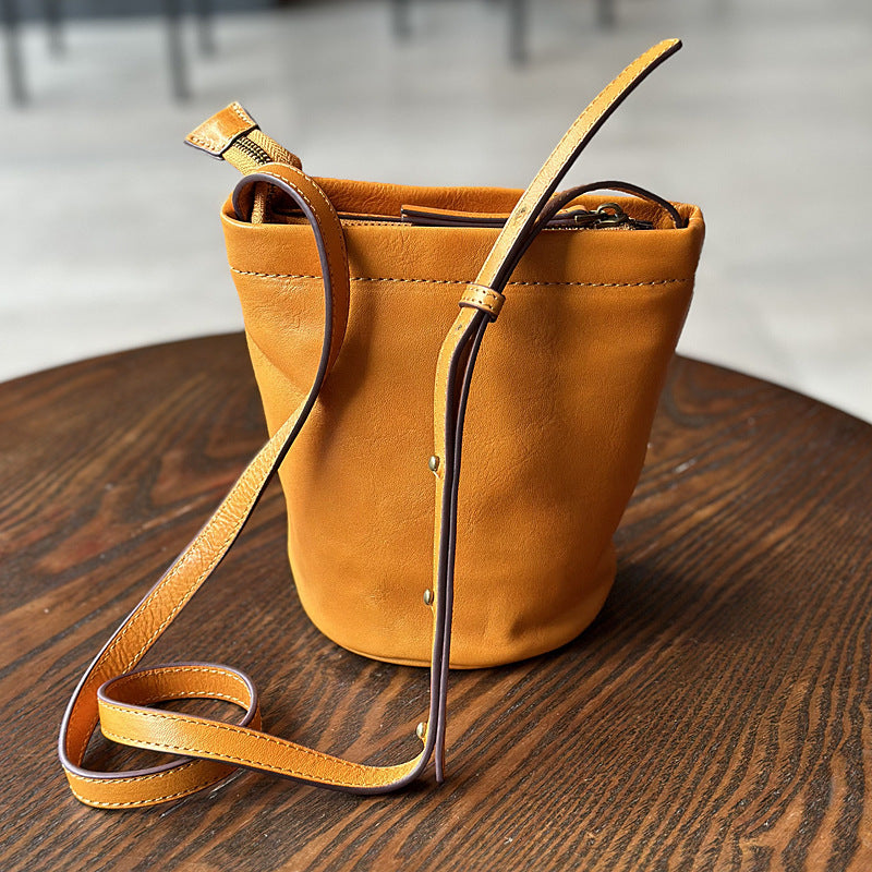 Women's Style Top Layer Cowhide Mini Retro Bucket Bags