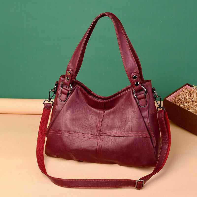 Women's Leather Style Stitching Simple Cowhide Big Shoulder Bags