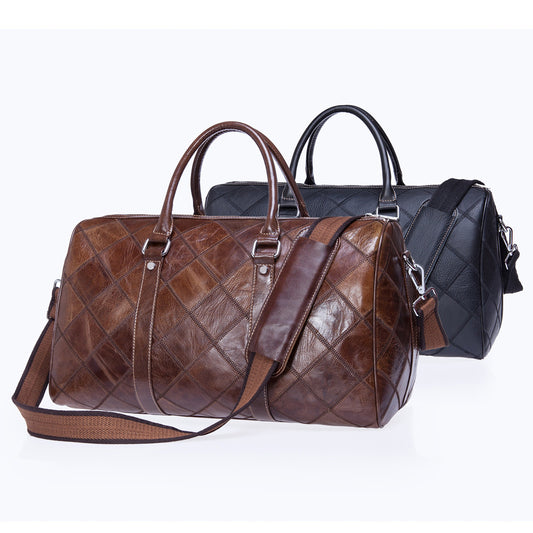 Men's Leather First Layer Cowhide Plaid Retro Travel Bags