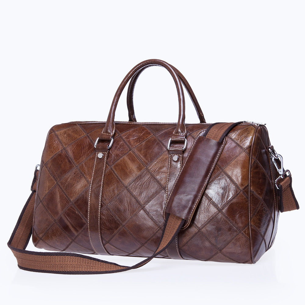 Men's Leather First Layer Cowhide Plaid Retro Travel Bags