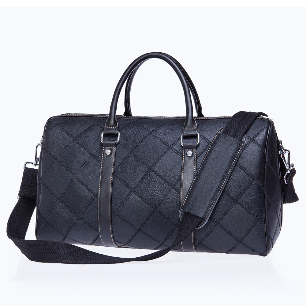 Men's Leather First Layer Cowhide Plaid Retro Travel Bags