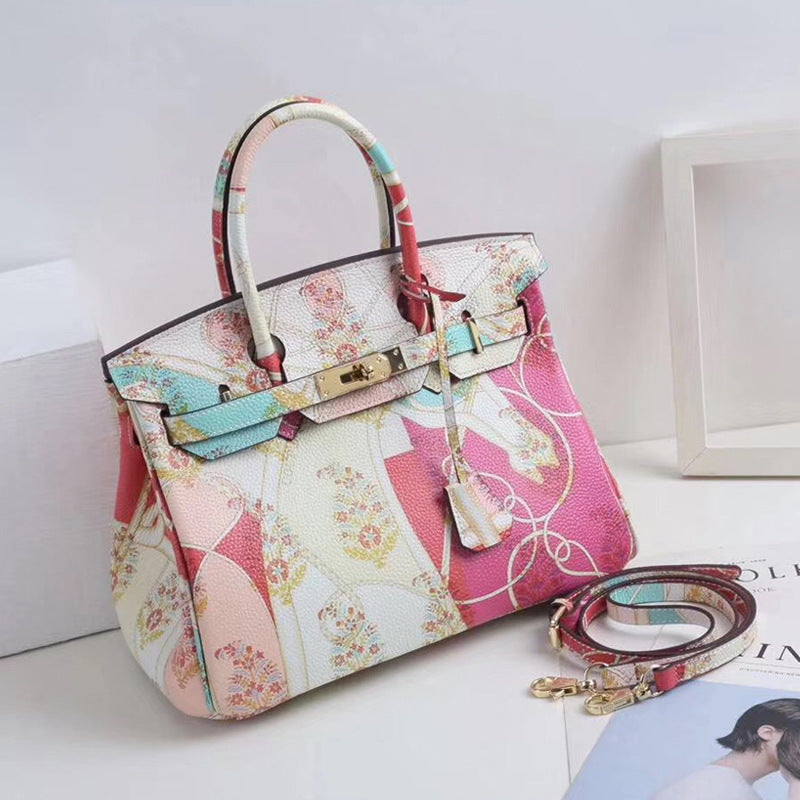 Women's Litchi Pattern Top Layer Cowhide Print Painted Genuine Handbags