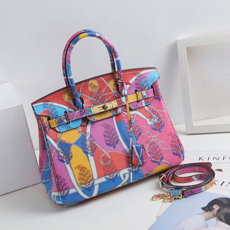 Women's Litchi Pattern Top Layer Cowhide Print Painted Genuine Handbags
